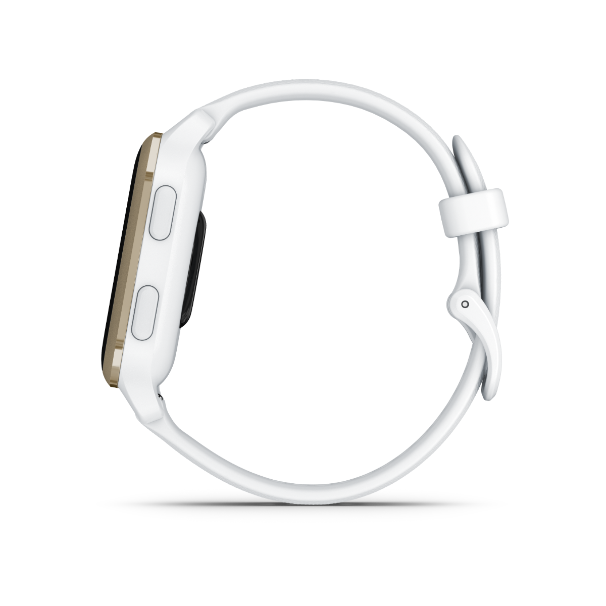 Garmin Venu Sq 2 smartwatch with cream gold aluminum bezel, white case and silicone band