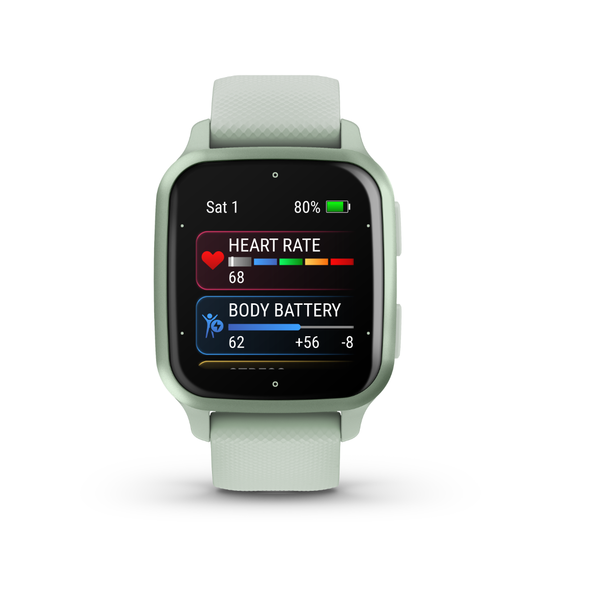 Garmin Venu Sq 2 smartwatch, metallic mint case with silicone band, certified refurbished