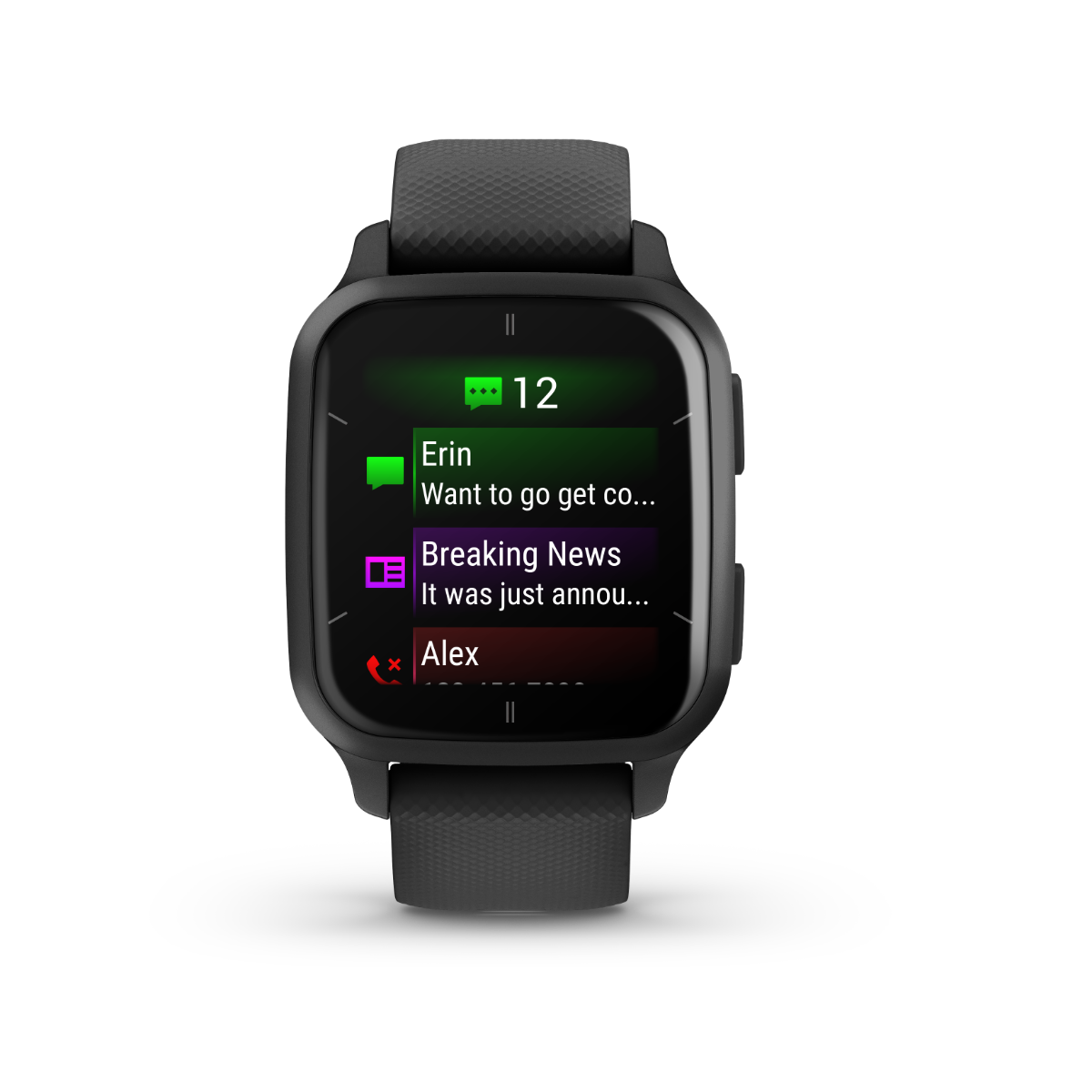 Garmin Venu Sq 2 Music smartwatch with slate aluminum bezel, black case and silicone band.