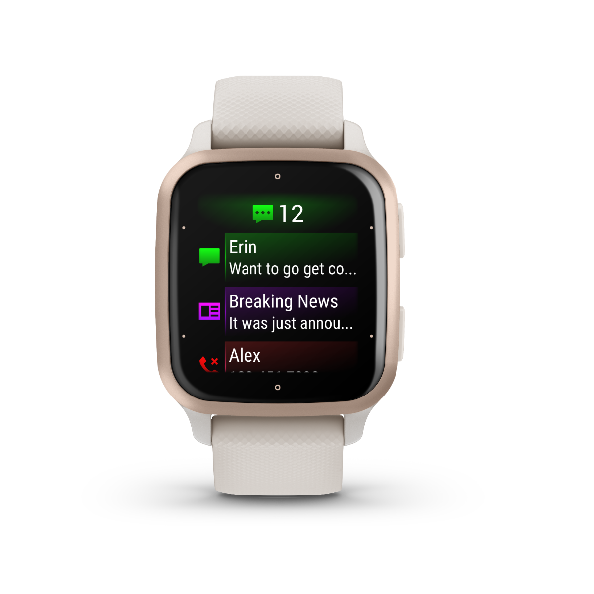Garmin Venu Sq 2 smartwatch with peach-gold aluminum bezel and ivory silicone band