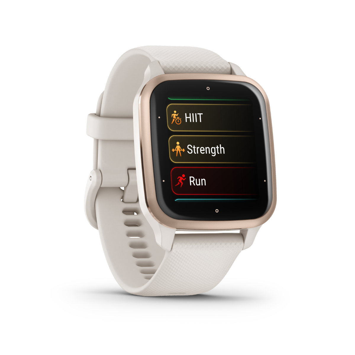 Garmin Venu Sq 2 Music smartwatch, peach gold aluminum bezel with ivory silicone band