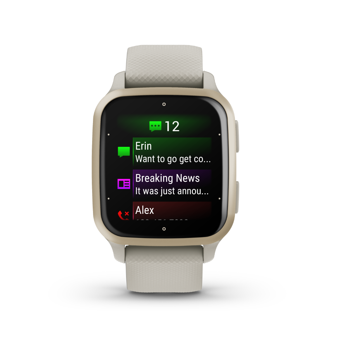Garmin Venu Sq 2 Music smartwatch with cream-gold aluminum bezel and light gray silicone band