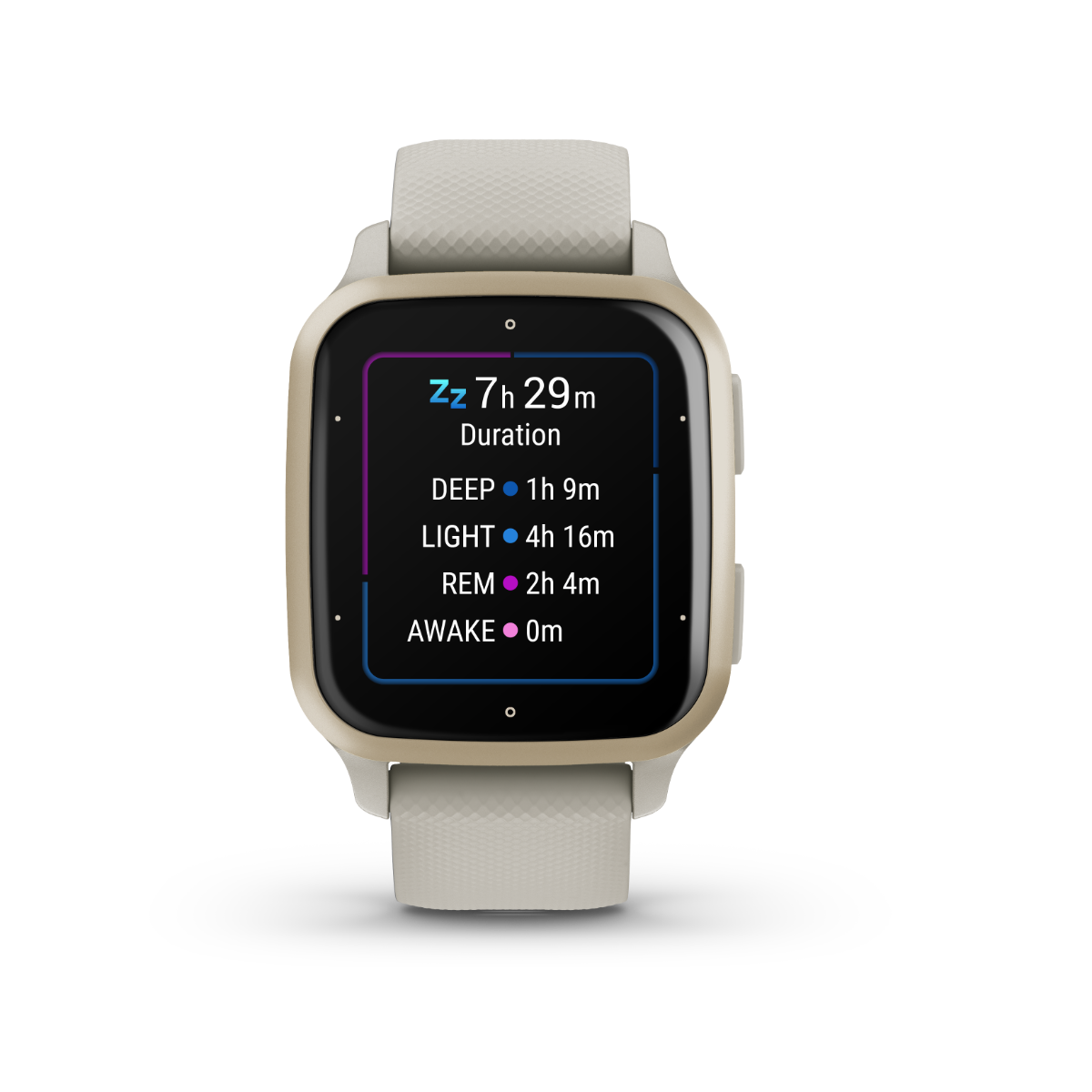 Garmin Venu Sq 2 Music smartwatch, cream gold aluminum bezel with French Gray case and silicone band