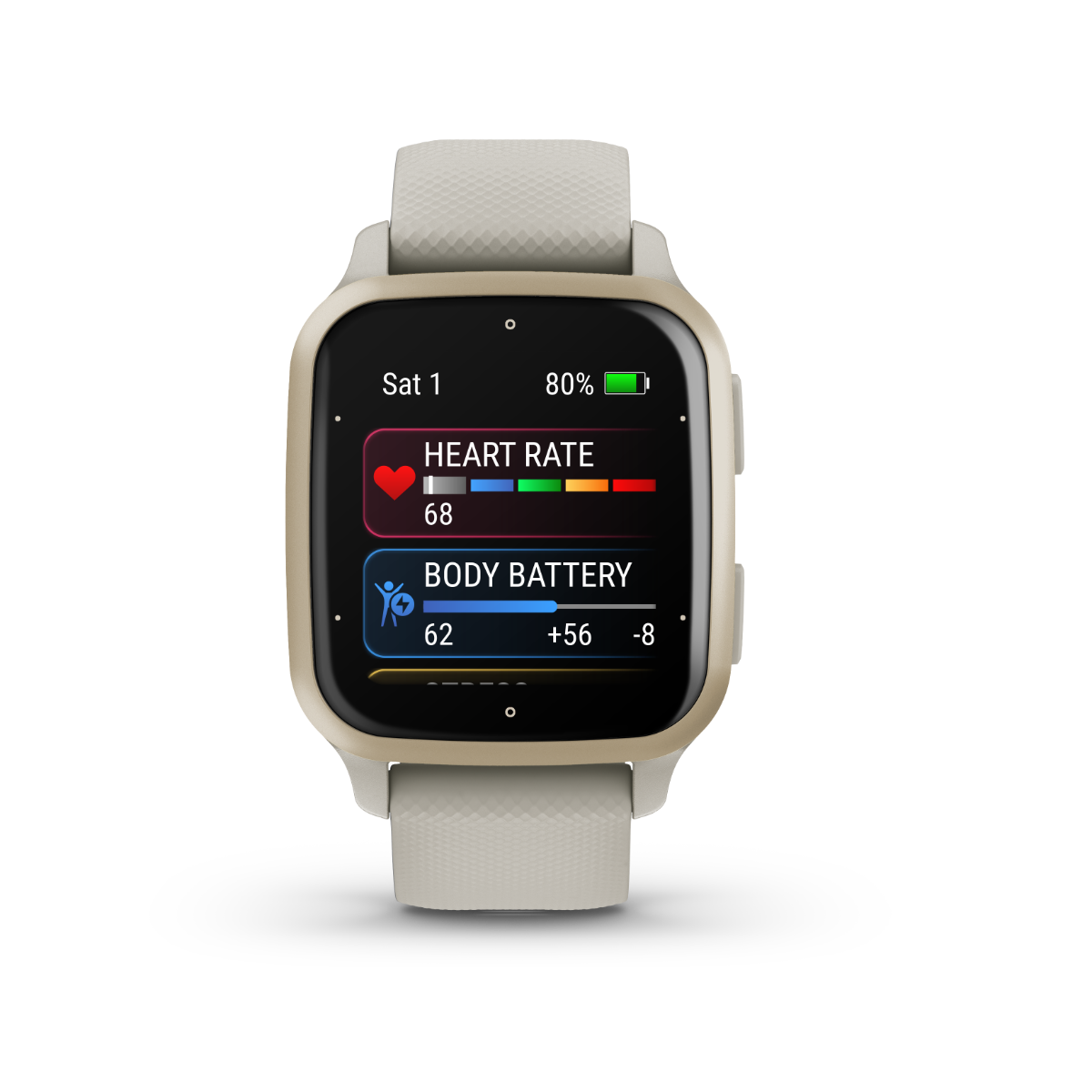 Garmin Venu Sq 2 Music smartwatch with cream-gold aluminum bezel and French gray silicone band