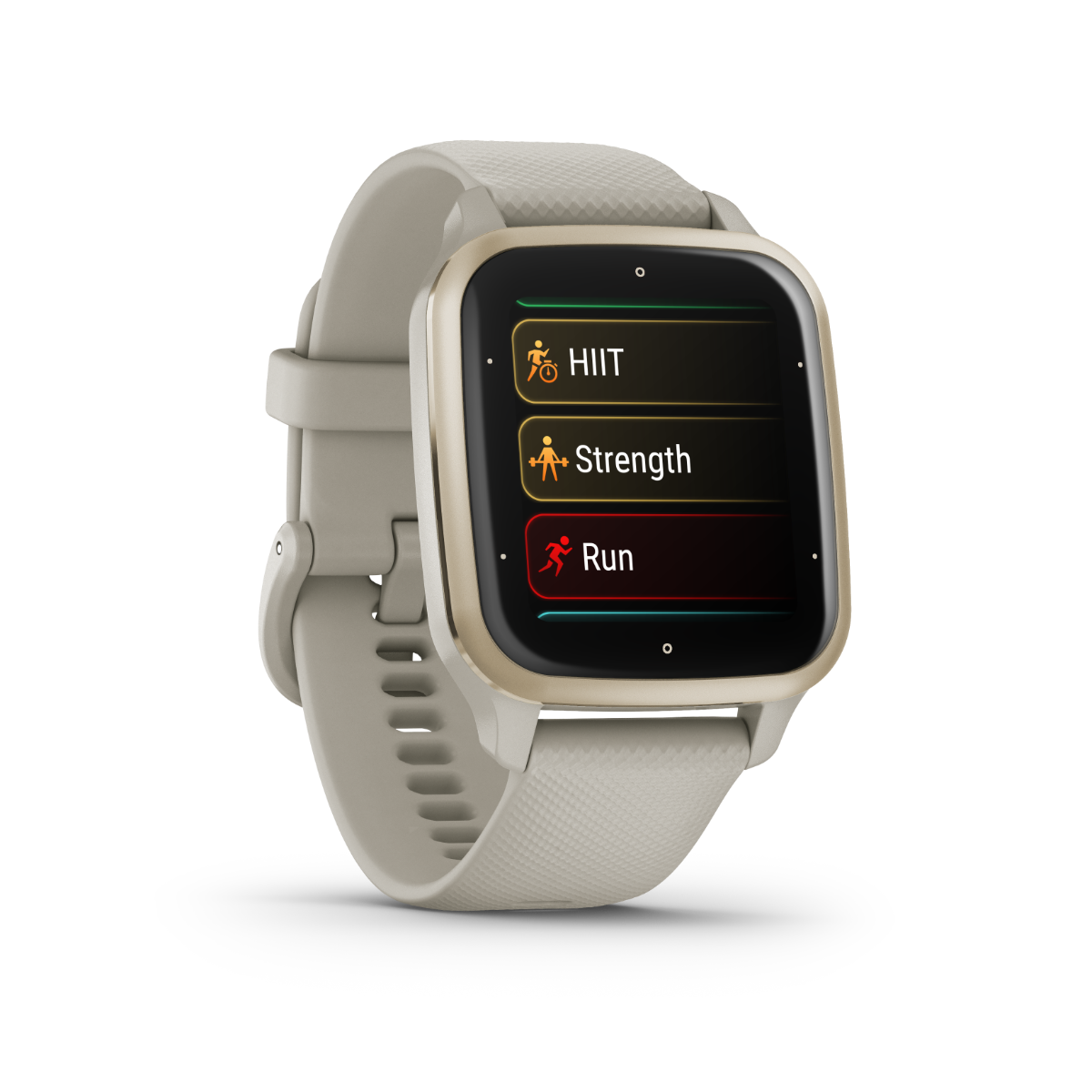 Garmin Venu Sq 2 Music smartwatch with cream-gold aluminum bezel and silicone band