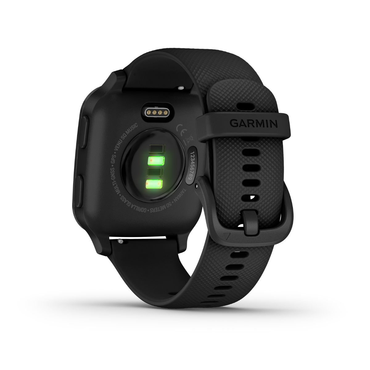 Garmin Venu Sq Music smart watch, black band, back view with illuminated heart-rate sensor.