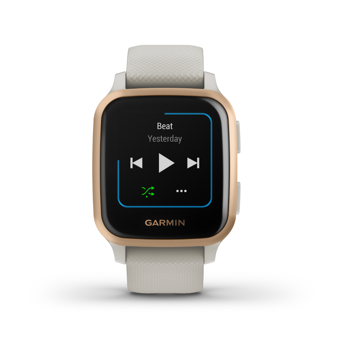Garmin Venu Sq Music GPS smartwatch, rose-gold bezel with tan band, refurbished
