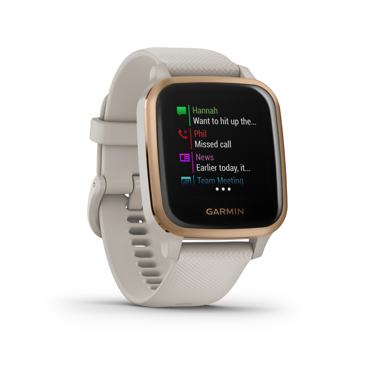 Garmin Venu Sq Music GPS smartwatch with light sand strap and rose gold bezel