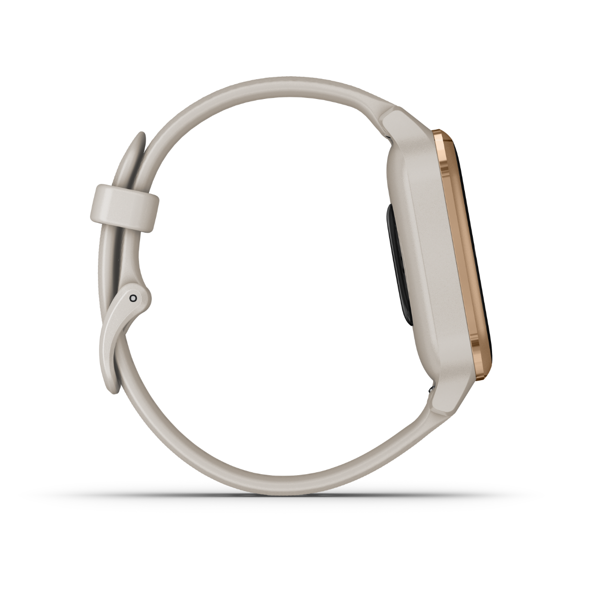 Garmin Venu Sq Music smartwatch with rose gold bezel and tan band