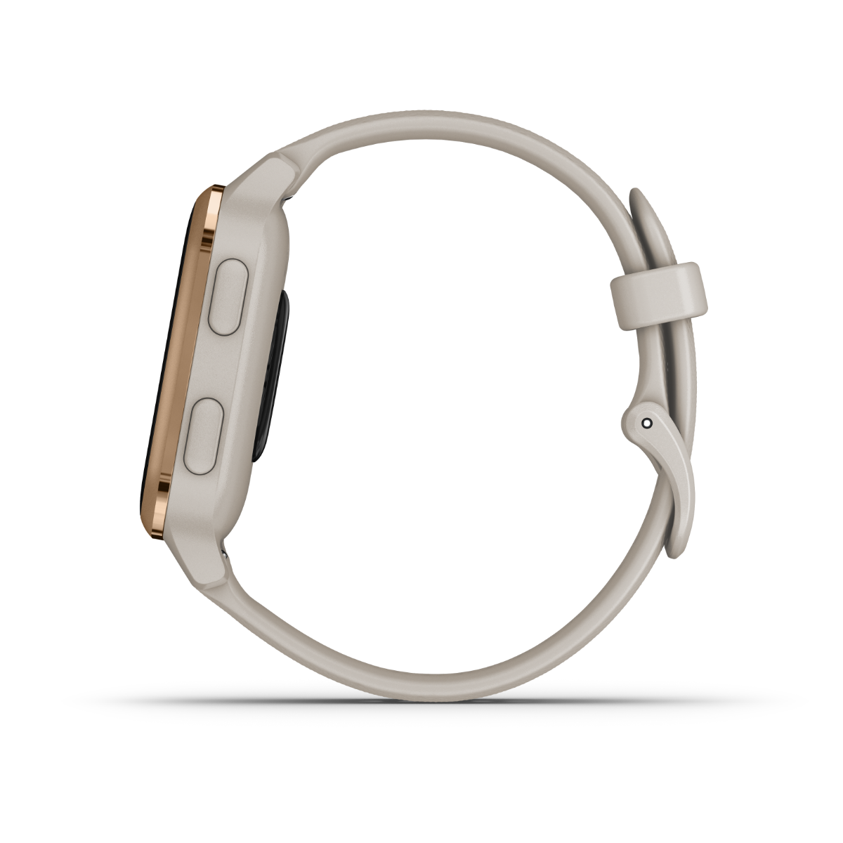 Garmin Venu Sq Music GPS Smartwatch, light sand band with rose gold bezel.
