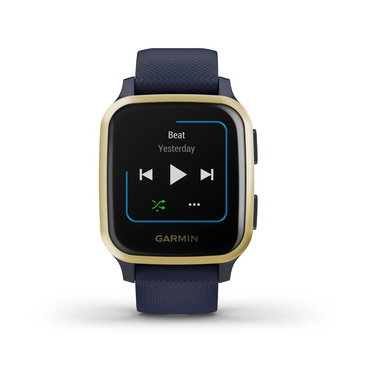 Garmin Venu Sq Music GPS smartwatch with navy strap and light gold bezel