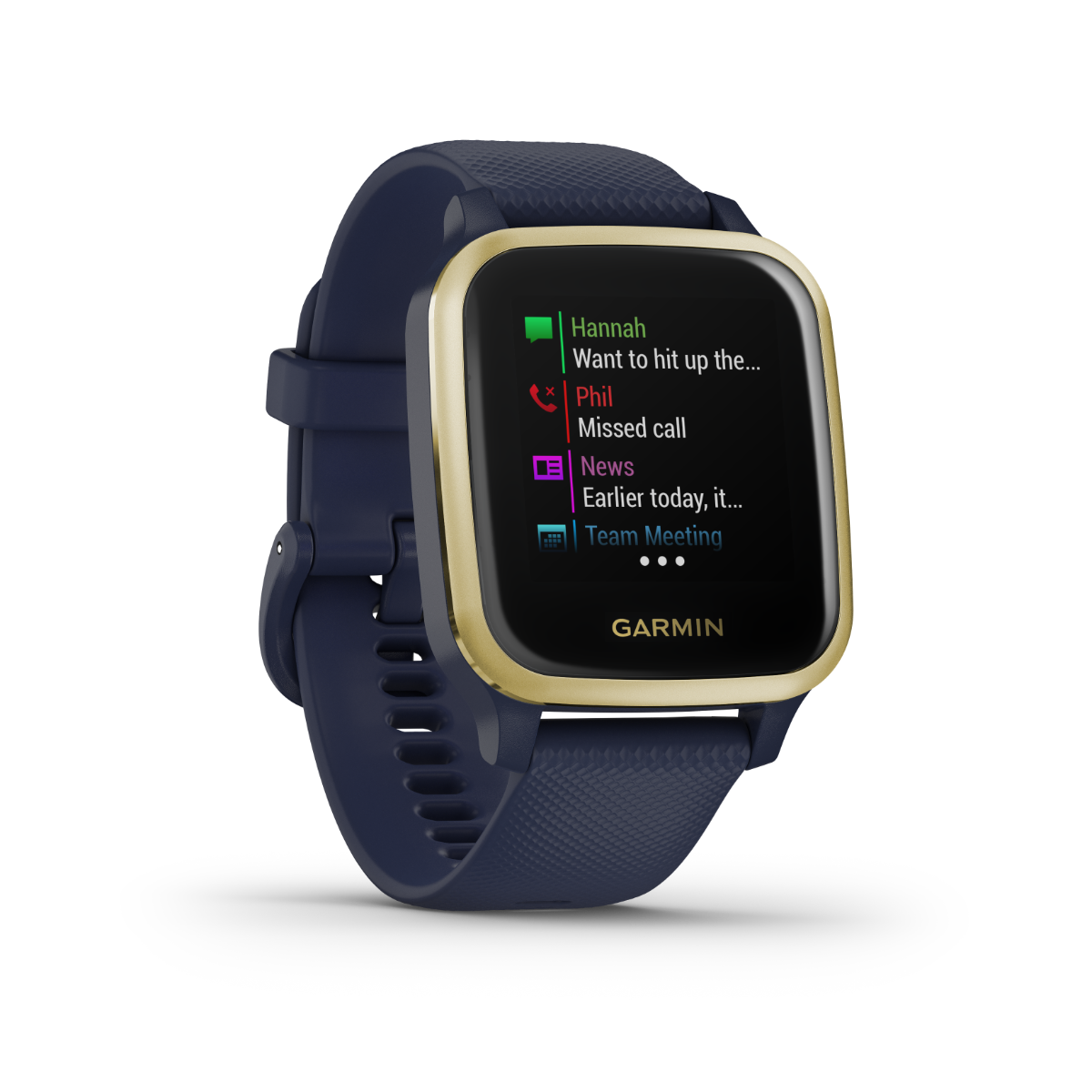 Garmin Venu Sq Music smartwatch with gold bezel and navy band