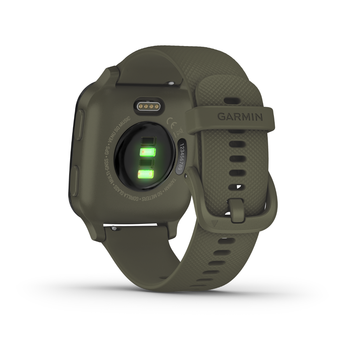 Garmin Venu Sq Music GPS smartwatch with moss green strap and slate bezel