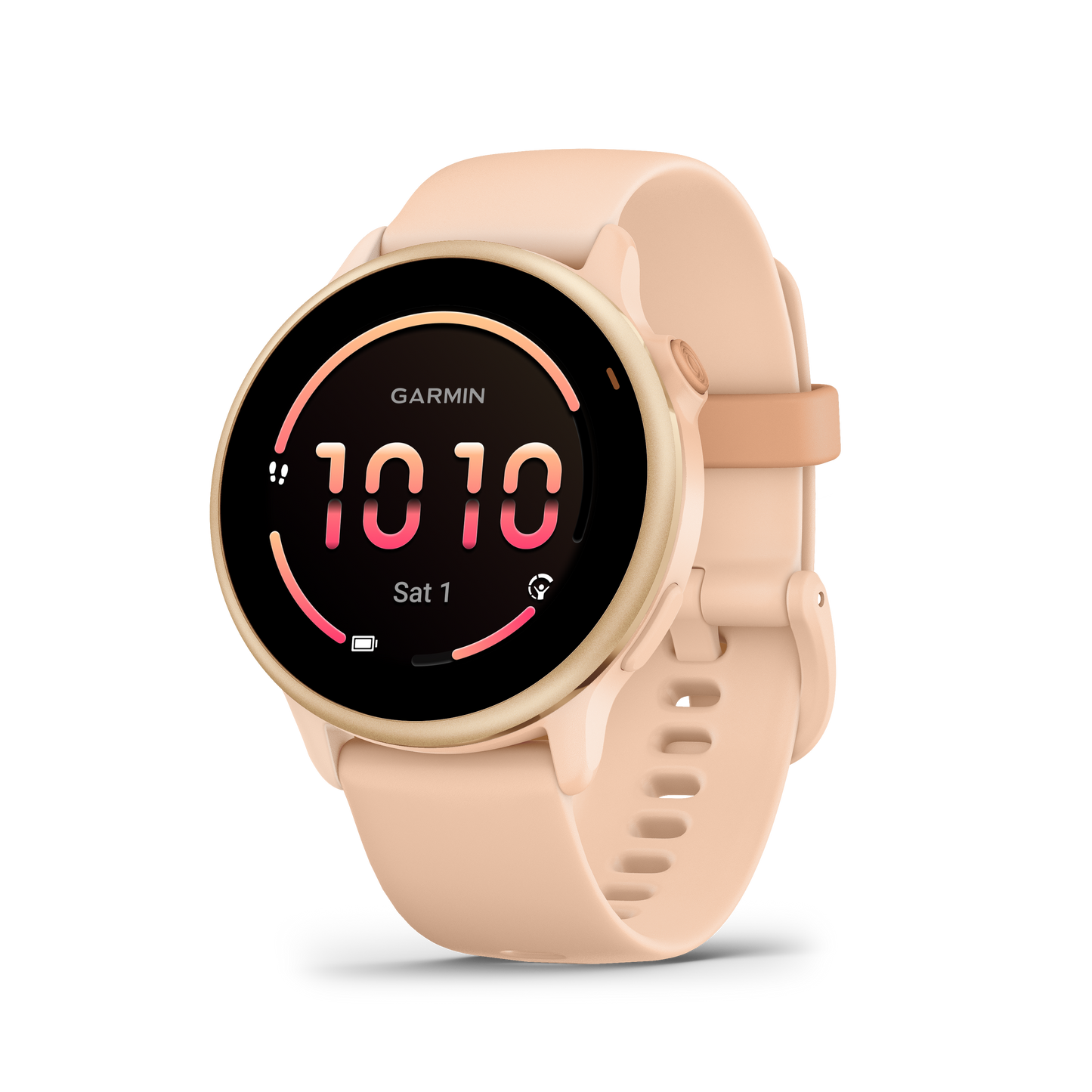Garmin Vivoactive 6 smartwatch in metallic pink dawn with pink dawn band.