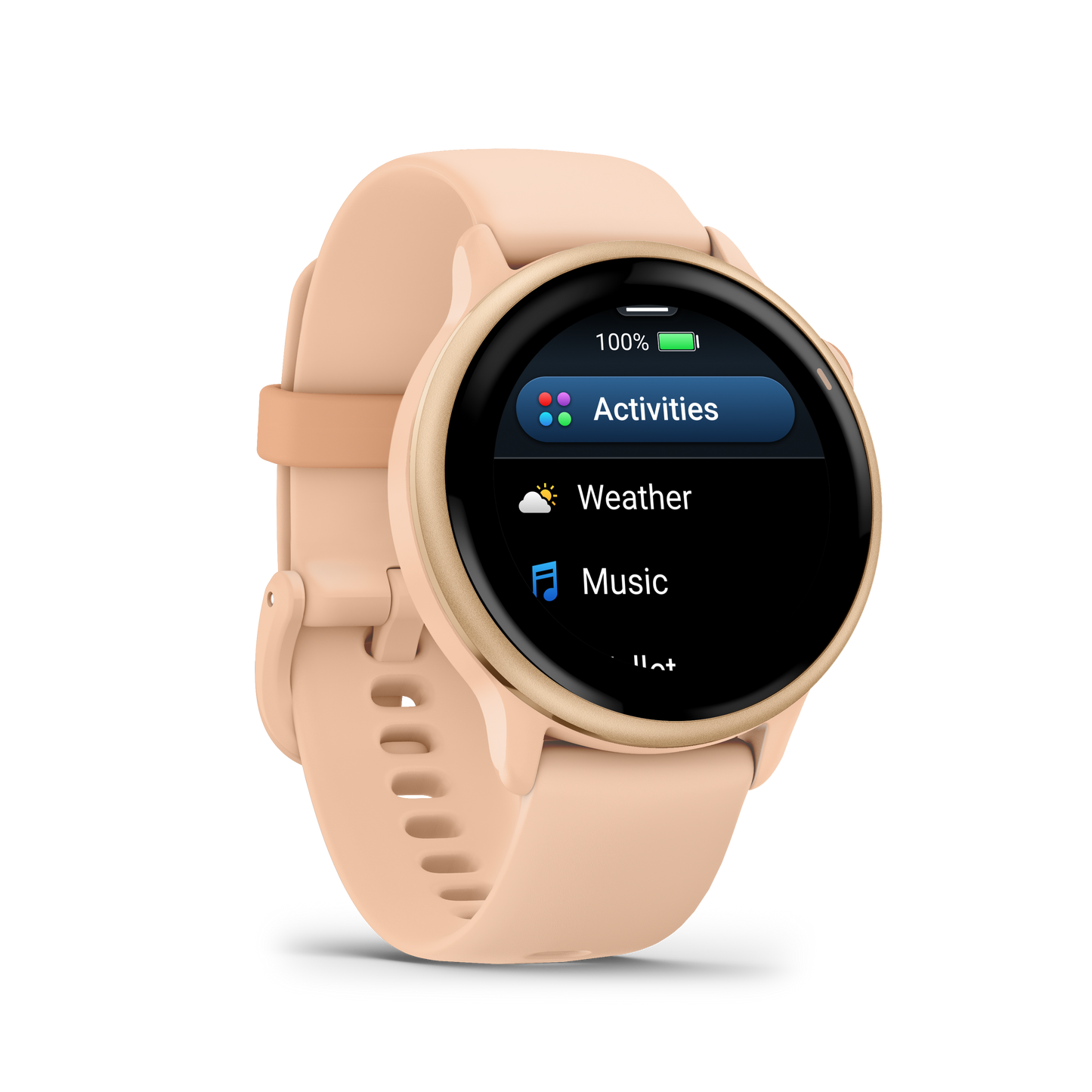 Garmin Vivoactive 6 smartwatch, metallic pink dawn case with pink dawn band, round touchscreen display