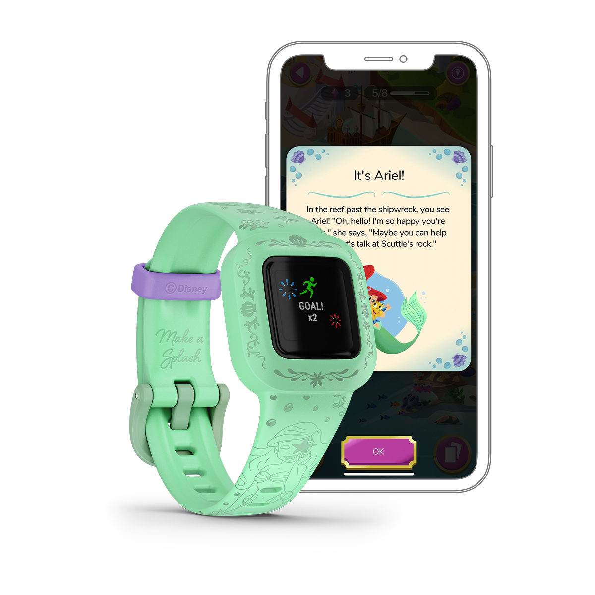 Garmin Vivofit Jr. 3 Disney Princess The Little Mermaid smartwatch and smartphone app screen with mint-green band
