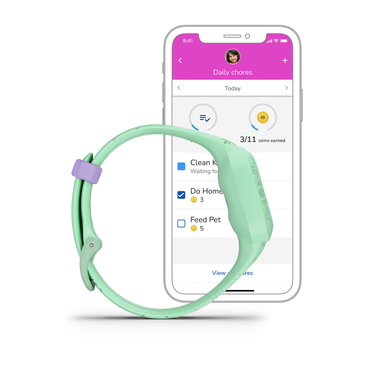 Garmin Vivofit jr 3 Disney Princess Little Mermaid smartwatch with mint-green band and purple clasp