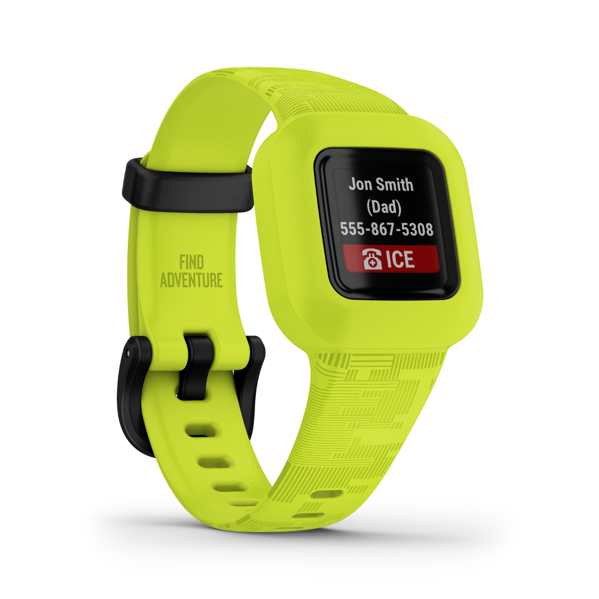 Garmin Vivofit Jr. 3 Digi Camo kids smartwatch with neon lime band and Find Adventure detail