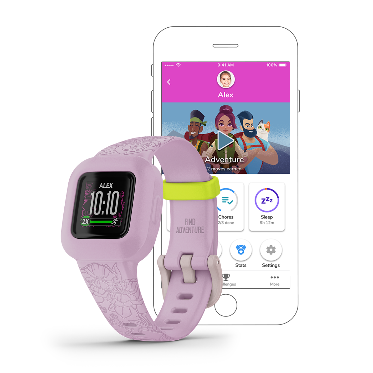 Garmin vivofit jr. 3 Lilac Floral activity monitor with a floral-pattern band