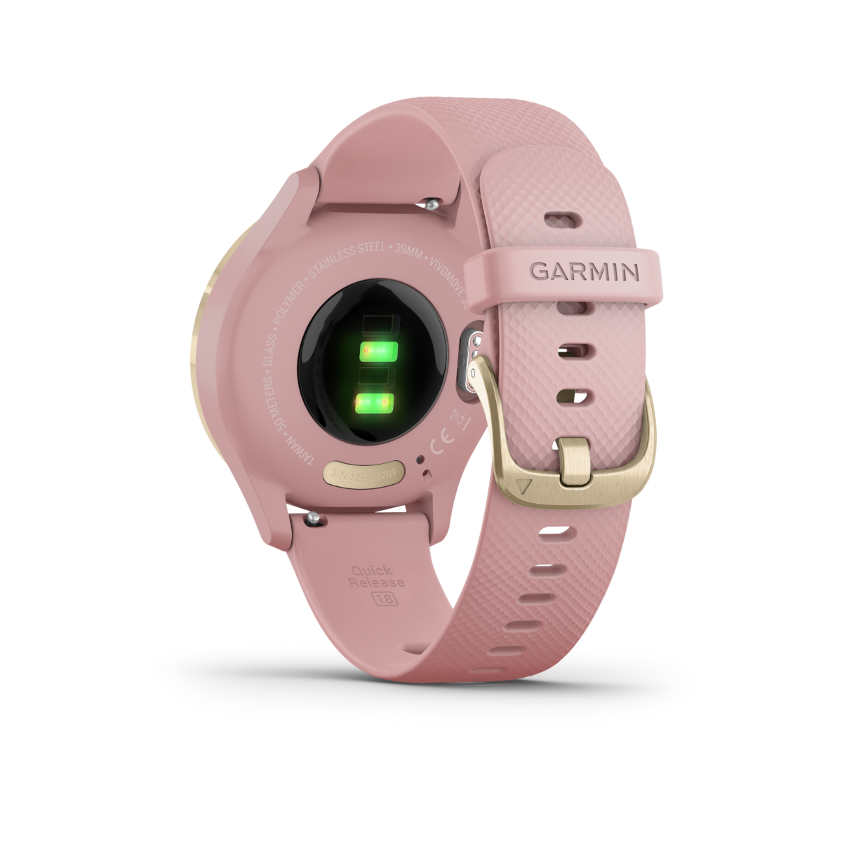 Garmin Vívomove 3S GPS smartwatch, light gold case with dust rose band.