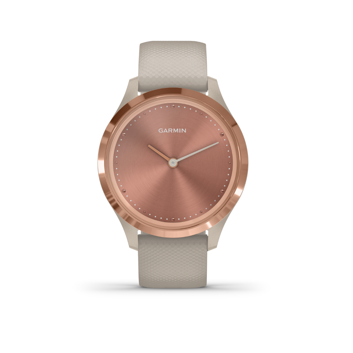 Garmin Vivomove 3S rose gold smartwatch with light sand band