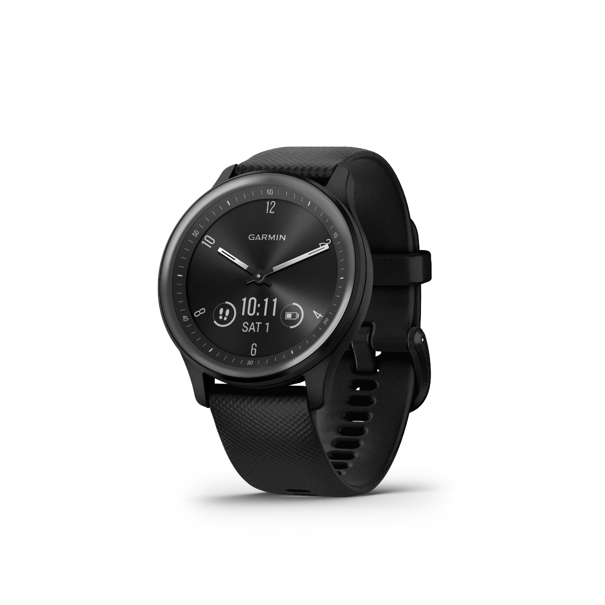Garmin Vivomove Sport black smartwatch with slate accents and black silicone strap