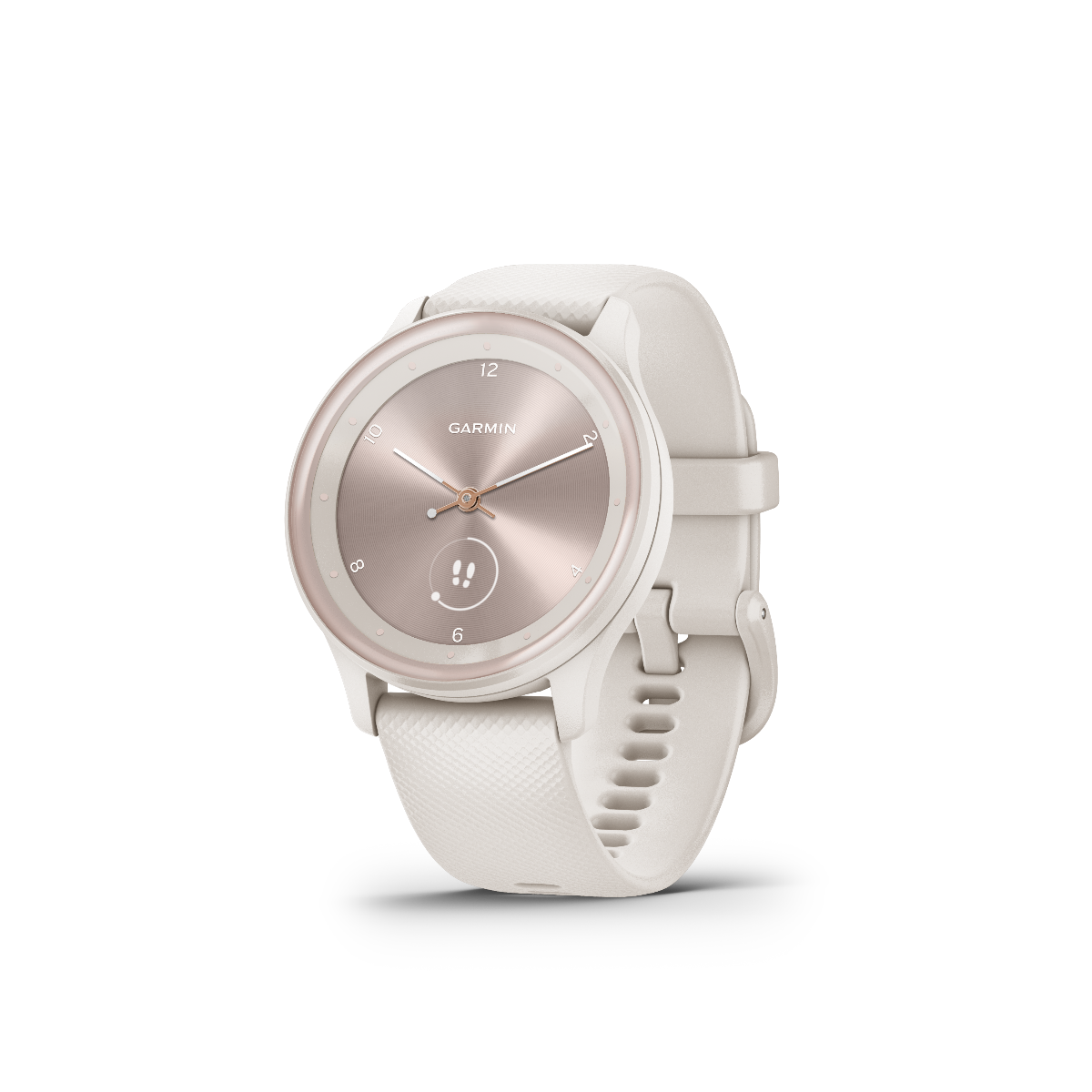 Garmin Vivomove Sport Ivory watch with peach/rose-gold accents and white strap