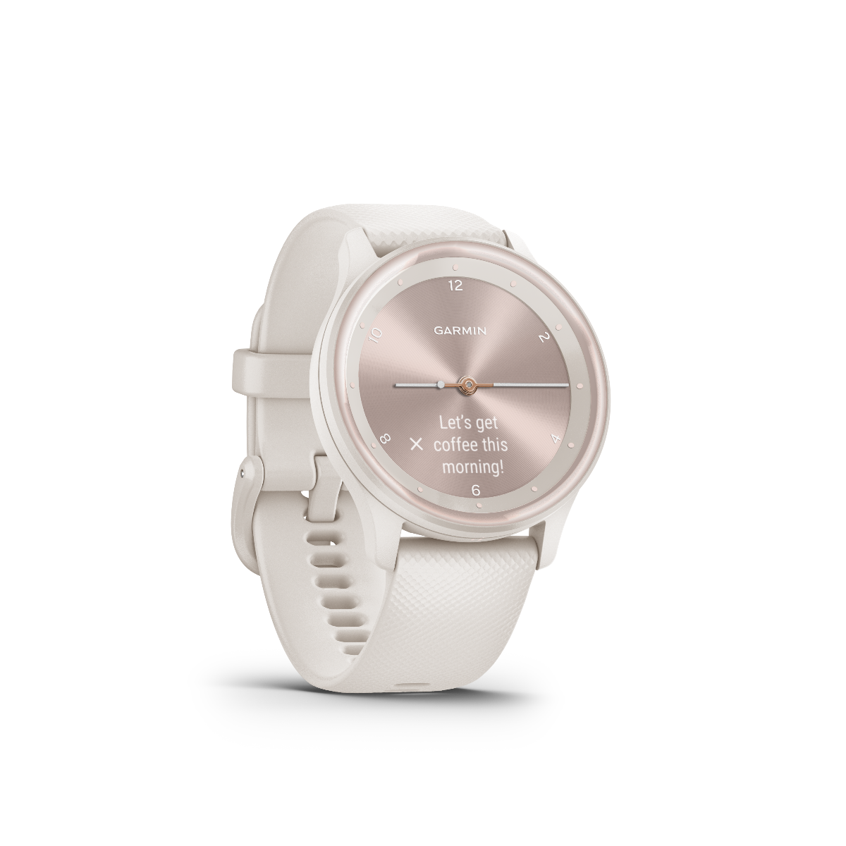 Garmin Vivomove Sport Ivory smartwatch with peach/gold accents and ivory strap