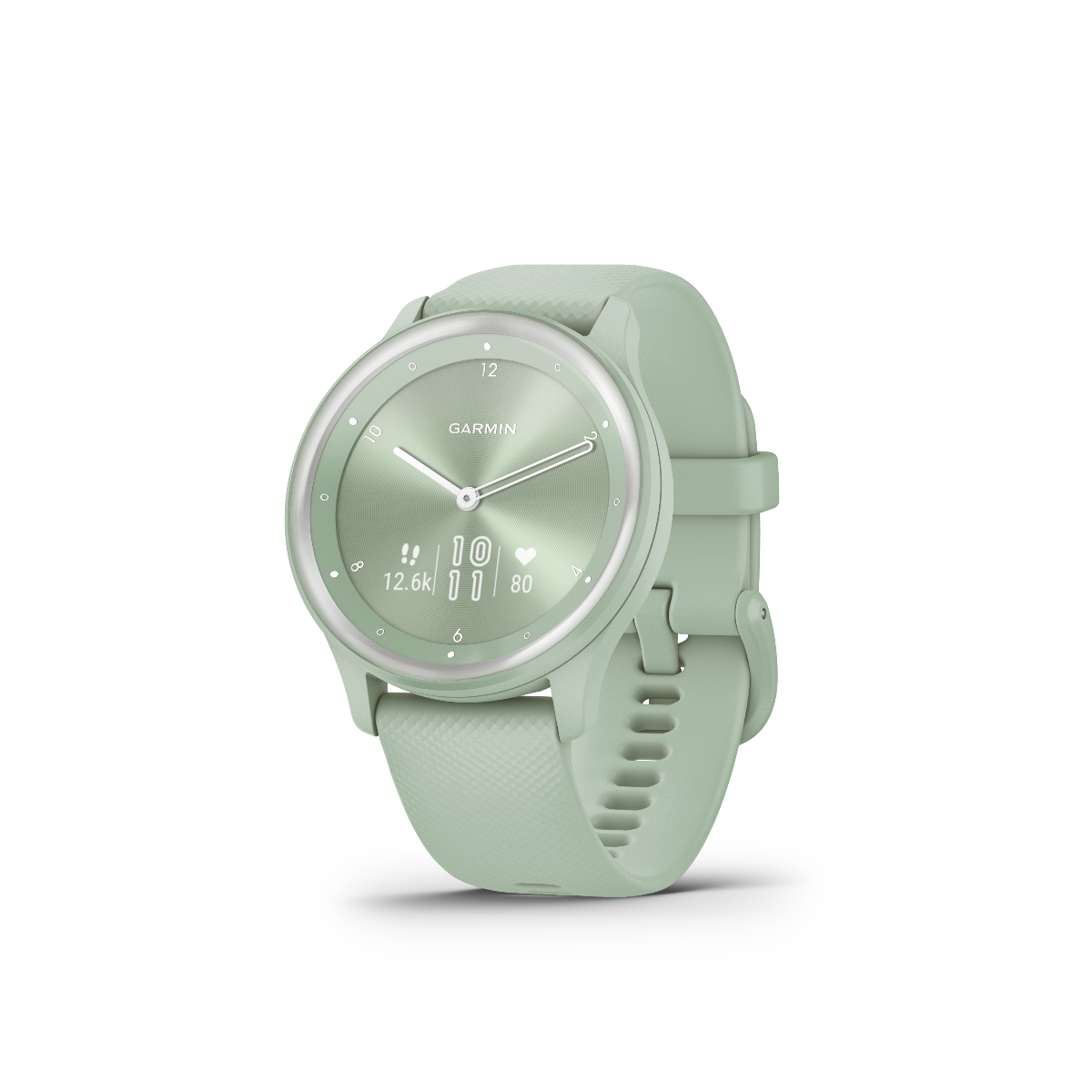 Garmin Vivomove Sport Cool Mint smartwatch with a silver bezel