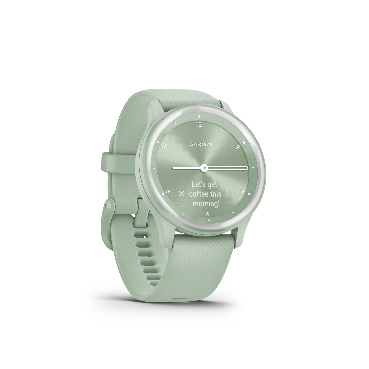 Garmin Vivomove Sport Cool Mint smart watch with silver accents and silicone strap
