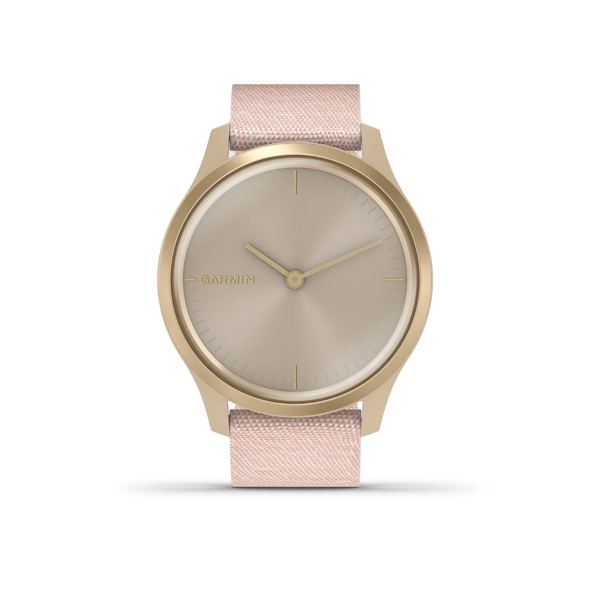 Garmin Vívomove Style GPS Smartwatch; light gold case with blush pink nylon band, certified refurbished.