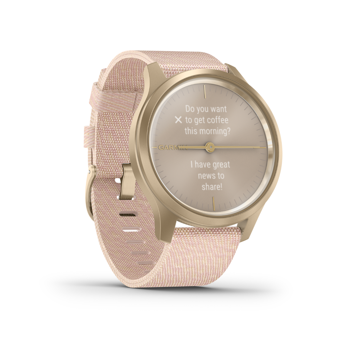 Garmin Vivomove Style GPS smartwatch, certified refurbished, light gold case with blush pink nylon band