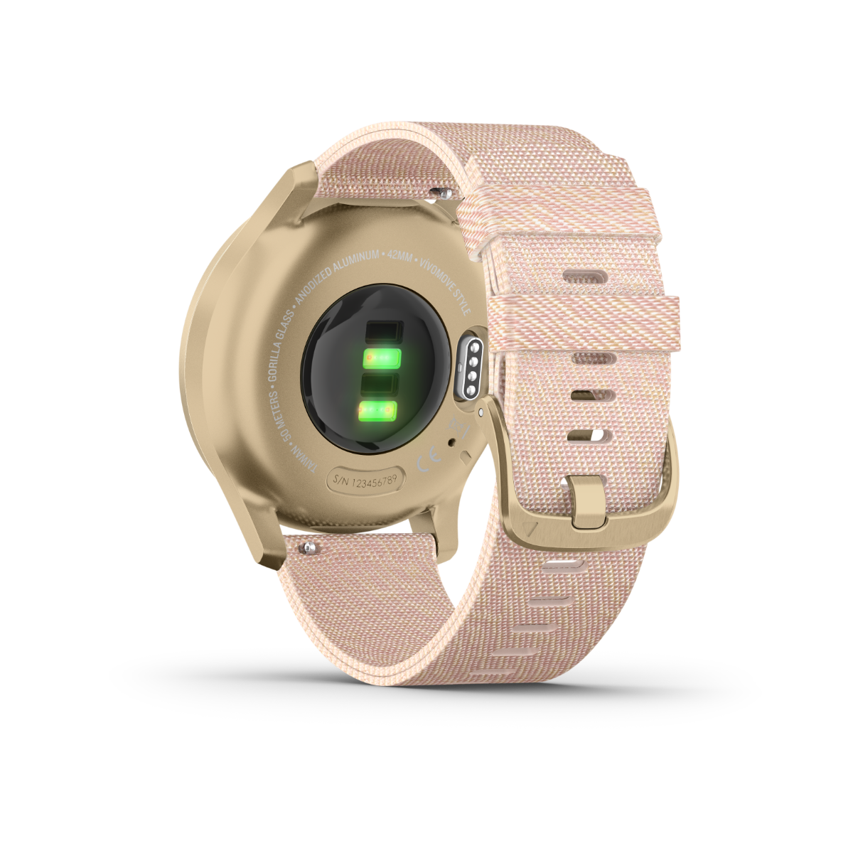 Garmin Vívomove Style smart watch, light gold case with blush pink nylon band, certified refurbished