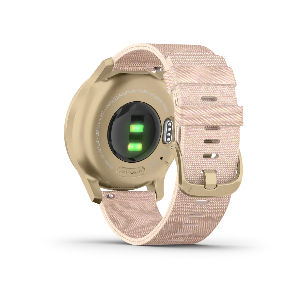 Garmin Vívomove Style smart watch, light gold case with blush pink nylon band, certified refurbished