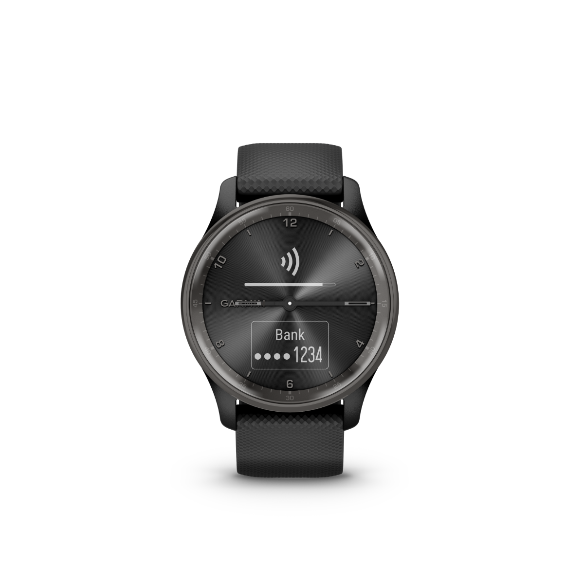 Garmin vivomove Trend smartwatch with slate stainless steel bezel, black case and silicone band.