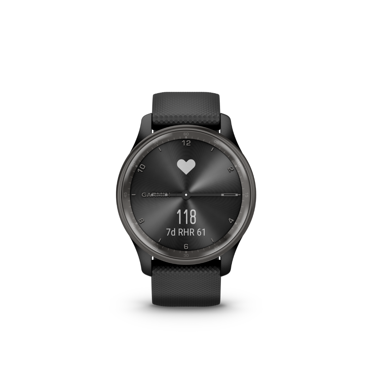 Garmin vivomove Trend smartwatch with slate stainless steel bezel and black silicone band