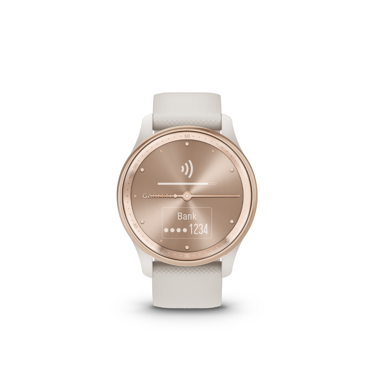 Garmin vivomove Trend smartwatch, peach gold stainless-steel bezel with ivory case and silicone band
