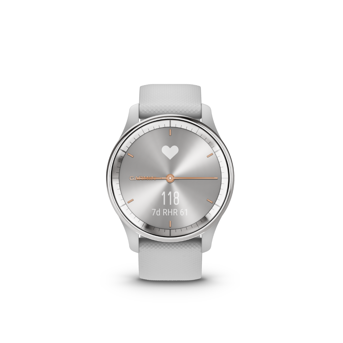 Garmin vivomove Trend smartwatch with silver bezel, mist gray case, and light gray silicone band
