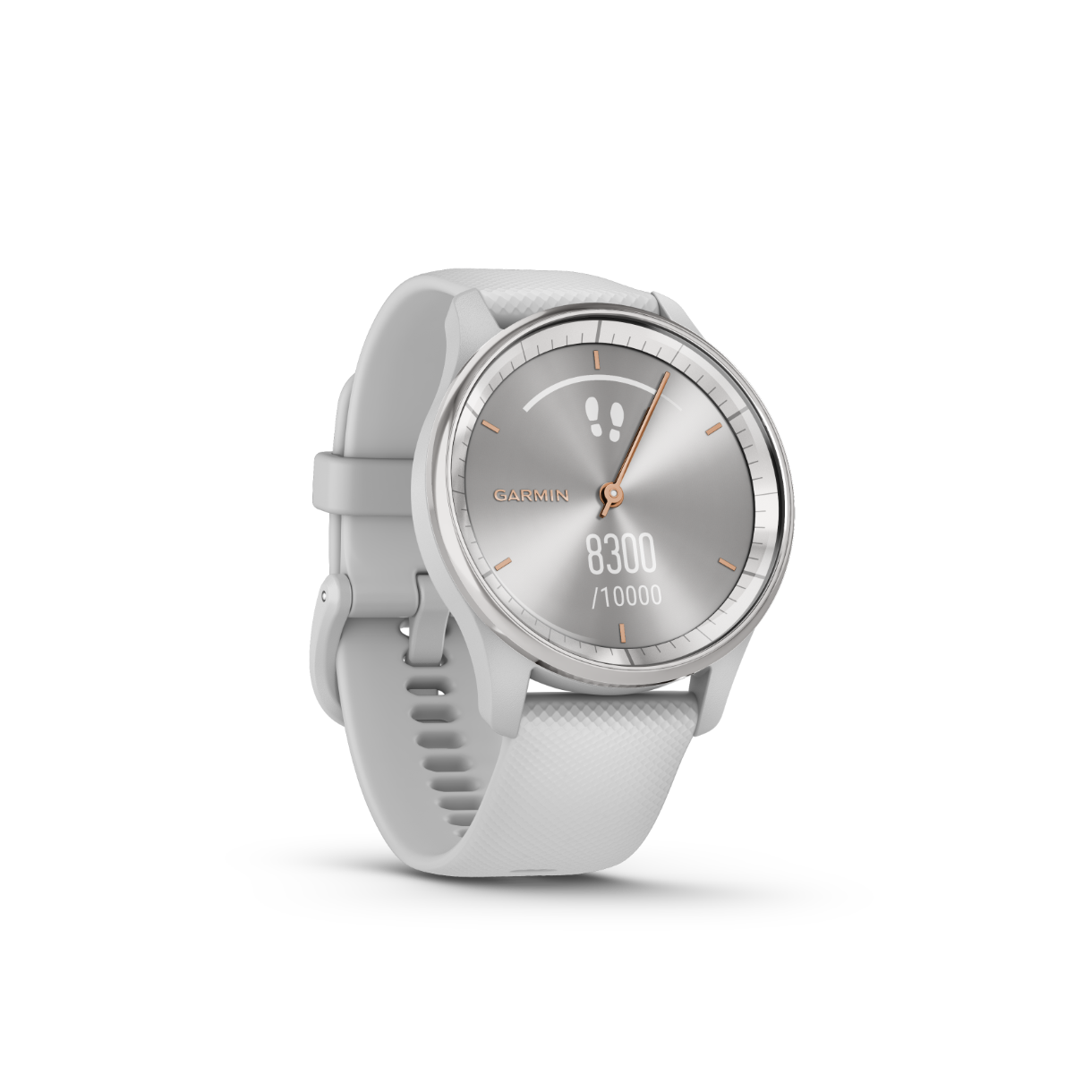 Garmin vivomove Trend smartwatch with silver stainless steel bezel, mist gray case, and white silicone band