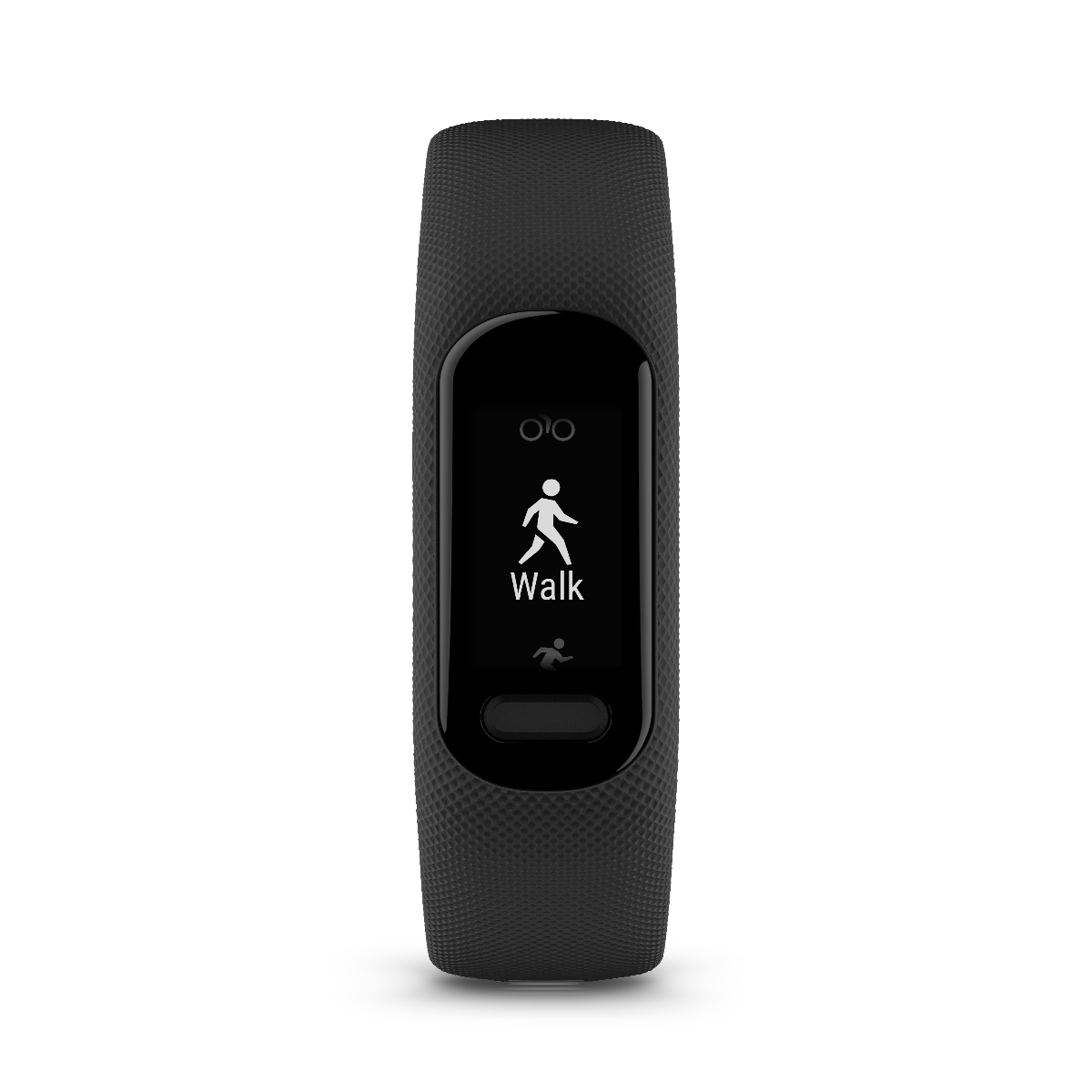 Garmin Vivosmart 5 smartwatch with black band, size S/M, displaying Walk activity screen.