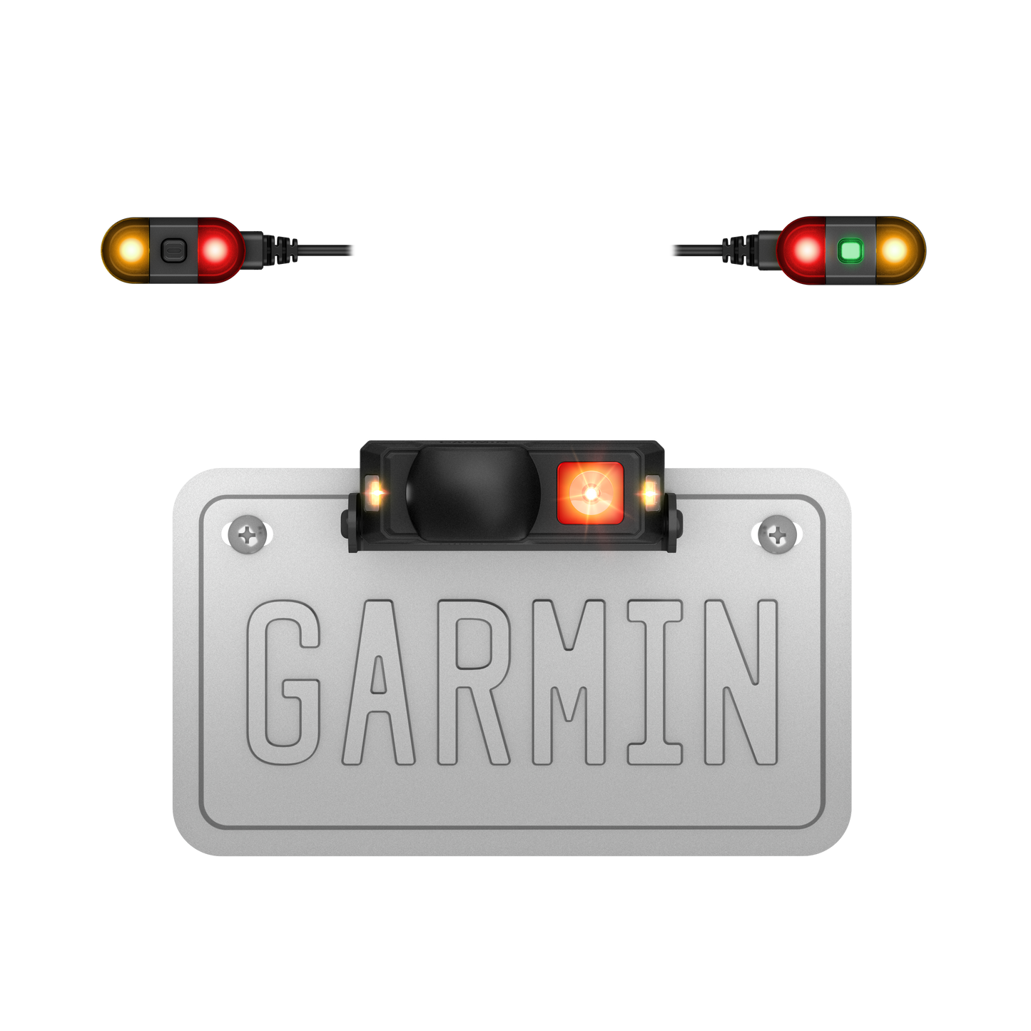 Garmin Xero R1 Motorcycle Radar mounted on a license plate with rearview radar and external lights for visibility.