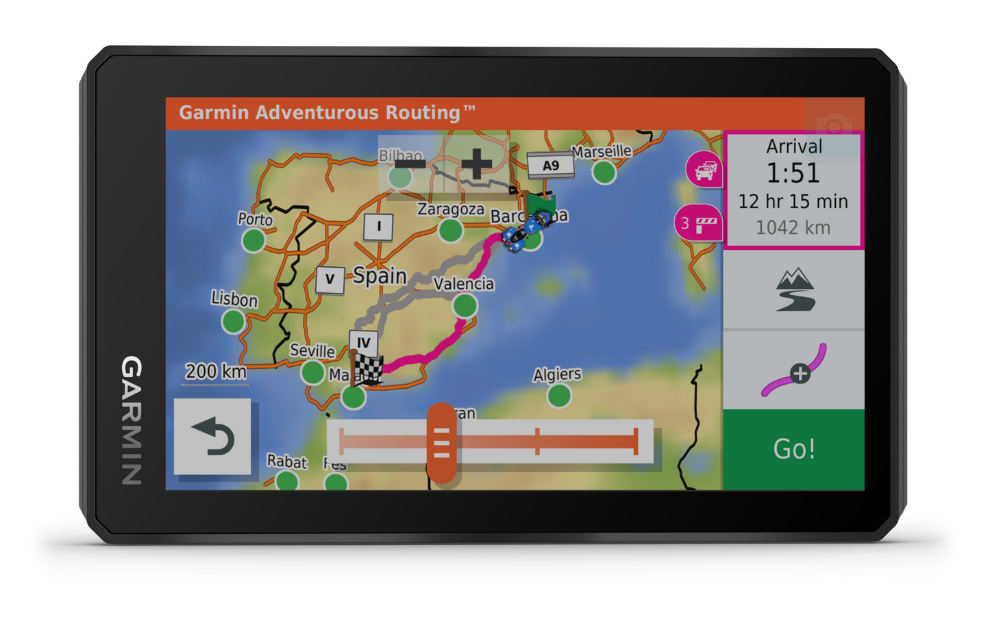 Garmin Zumo XT GPS navigation device with black bezel displaying Adventurous Routing on a map screen