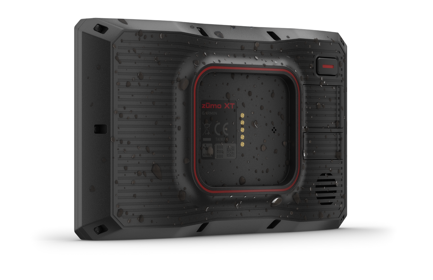 Garmin Zumo XT GPS navigation system back view; rugged black housing with red gasket trim and water droplets