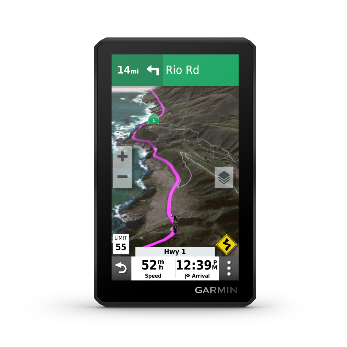 Garmin Zumo XT GPS navigation device, black handheld unit showing routed map