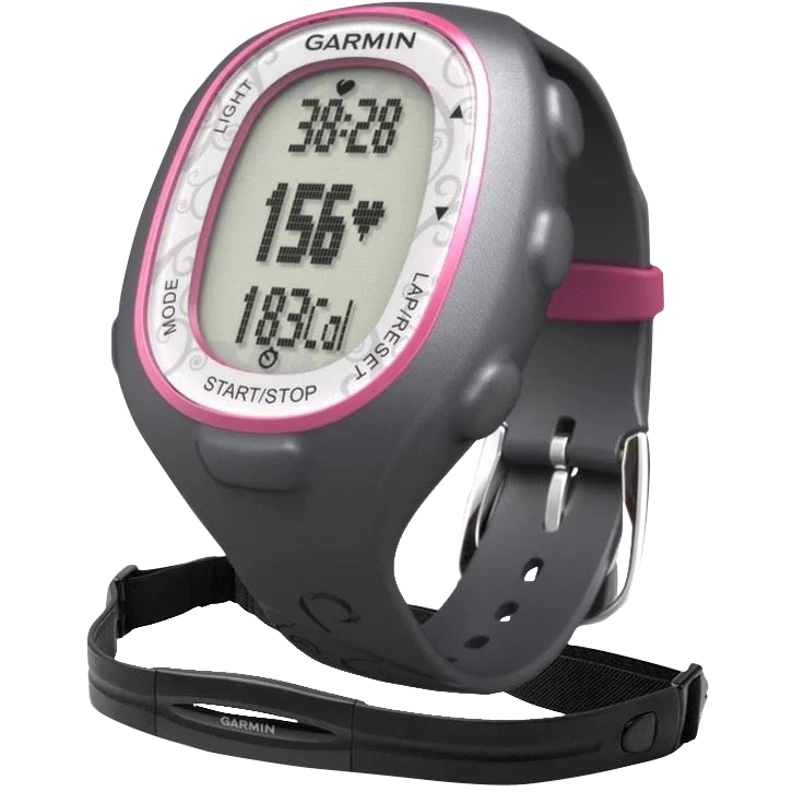 Garmin Forerunner FR70 GPS smartwatch with pink accents and HR monitor strap, refurbished