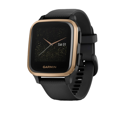 Garmin Venu Sq Music, Rose Gold Aluminum Bezel with Black Case and Silicone Band (010-02426-05)