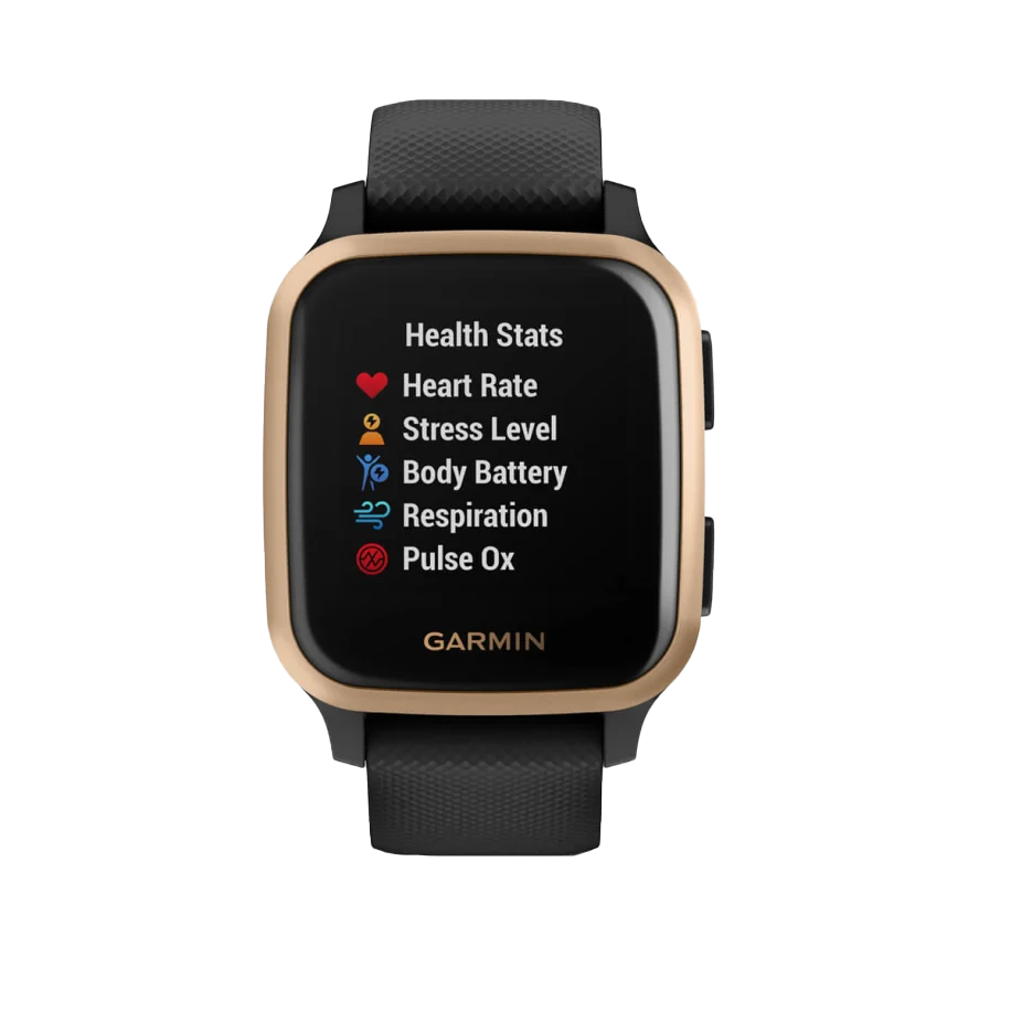 Garmin Venu Sq Music, Rose Gold Aluminum Bezel with Black Case and Silicone Band (010-02426-05)