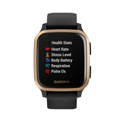 Garmin Venu Sq Music, Rose Gold Aluminum Bezel with Black Case and Silicone Band (010-02426-05)