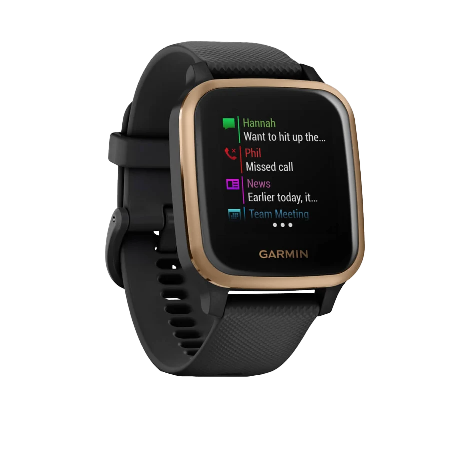 Garmin Venu Sq Music, Rose Gold Aluminum Bezel with Black Case and Silicone Band (010-02426-05)