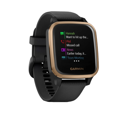 Garmin Venu Sq Music, Rose Gold Aluminum Bezel with Black Case and Silicone Band (010-02426-05)